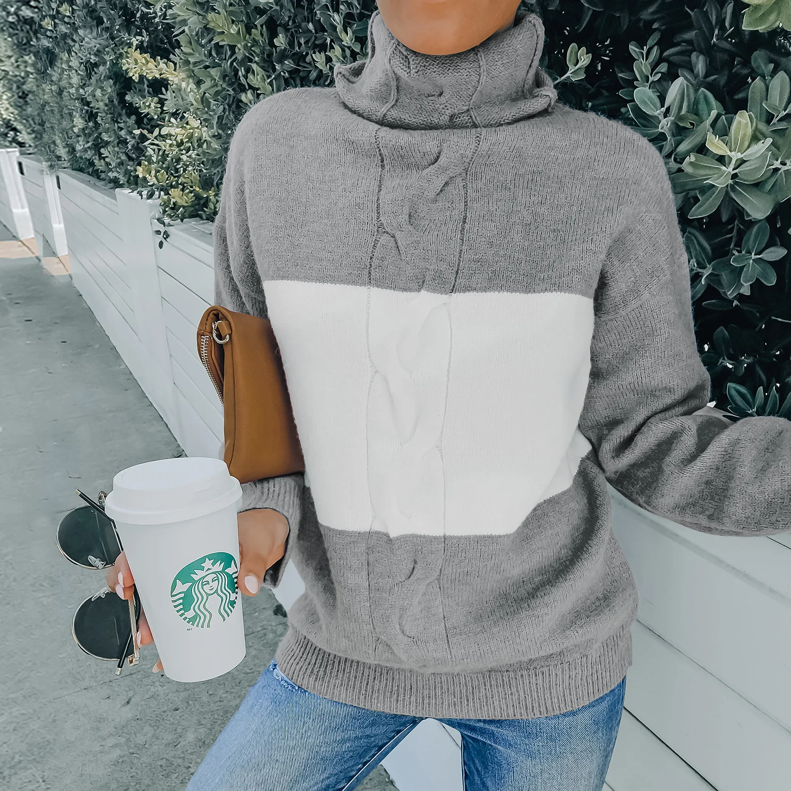 

Autumn Winter Women Knitted Turtleneck Striped Loose Sweater Pullover for Women's Outer Wear Female Jumper Knitwear Streetwear