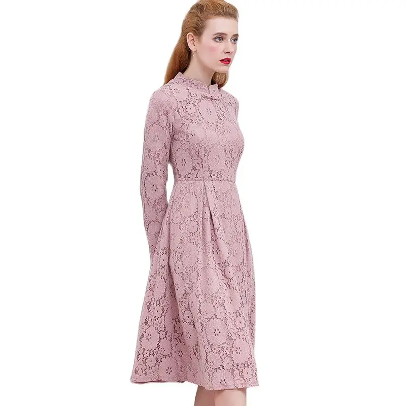 Только плюс для женщин розовый кружево зимнее платье с длинным рукавом офисные