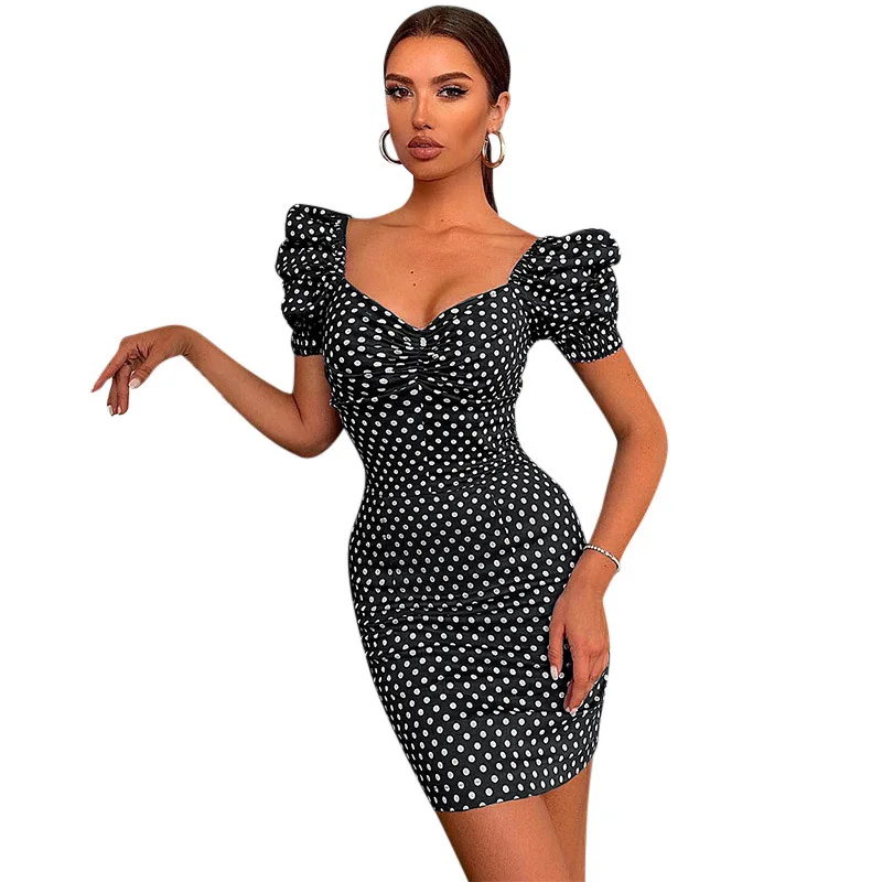 Женское платье в горошек черное/красное мини с коротким рукавом|Женские платья| |