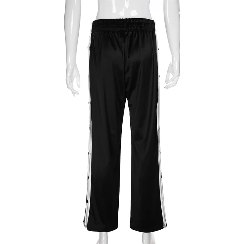 Rapwriter Streetwear Panelled Side Striped Button Straight Pant Women Stretch High Waist Trousers Long Pant Capris Pocket