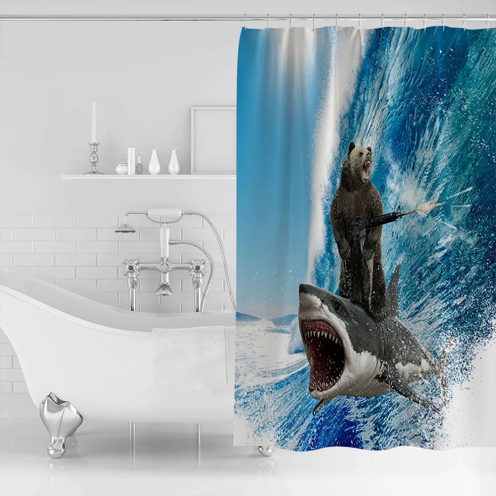 Funny Bear Shark Machine Gun Wave Waterproof Fabric Shower Curtain for Bathtub Showers Polyester Bathroom Accessories | Дом и сад
