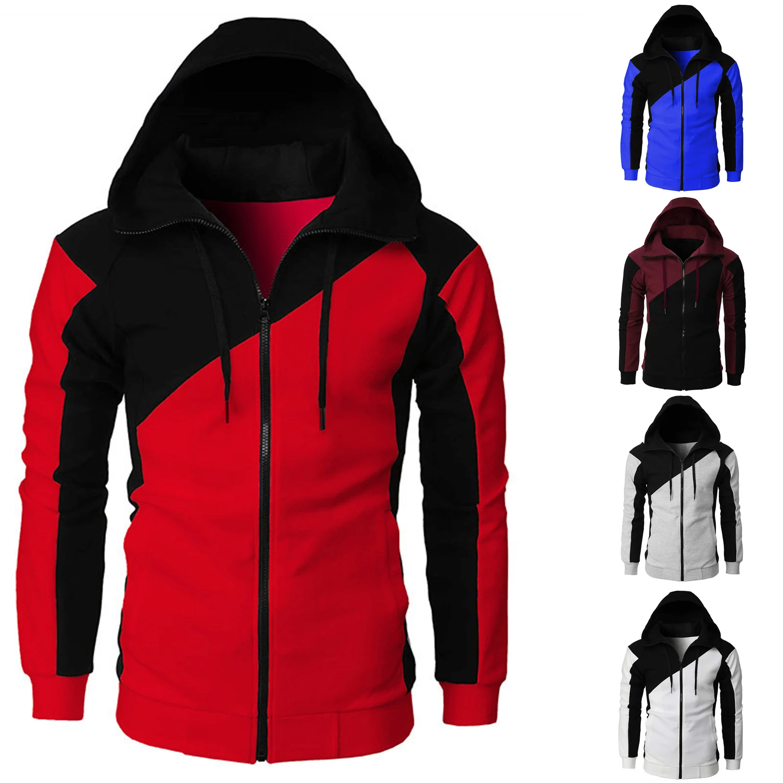 

Men Casual Sport Hooded Coat Zipper Open Front Variegated Color Long Sleeve Jacket with Pockets