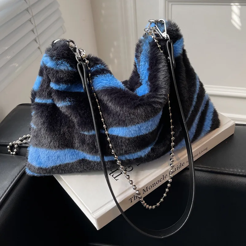 

Winter Soft Faux Fur Handbag Fashion Plush Fluffy Crossbody Bag Contrast Color Shoulder Underarm Bag Female Tote Evening Purse