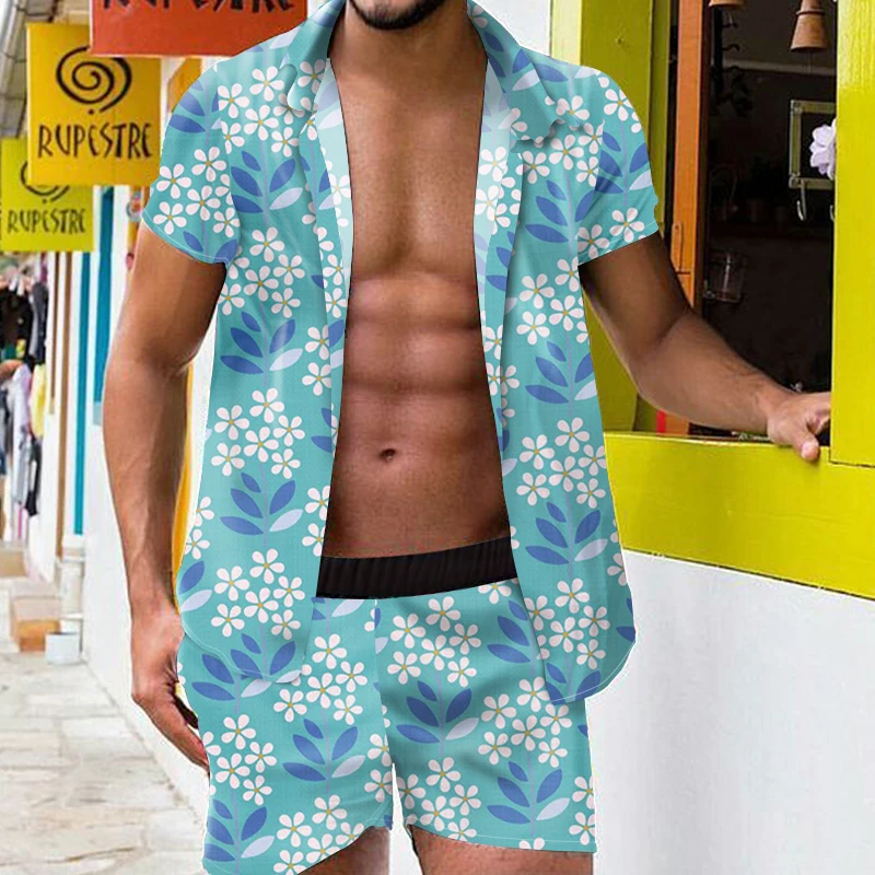 

New Men's Hawaiian Printed Shirt Suit 2021 Summer Fashion Short Sleeve Shirt Beach Shorts Casual Quick Dry 2 Piece Men's Set