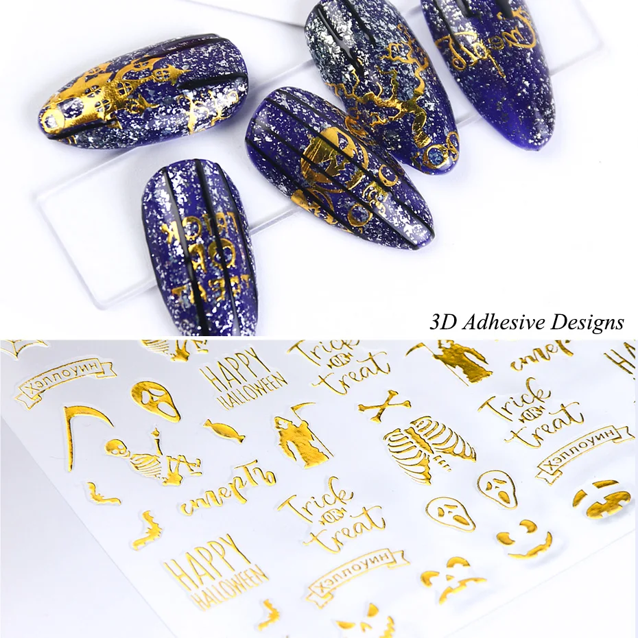 1 шт. золотистые 3D наклейки для ногтей Слайдеры Хэллоуина с черепом котом пауком