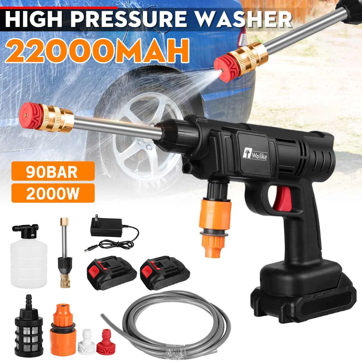 Wolike 22000mAh 90Bar Cordless High Pressure Washer Spray Water Gun 2000W Car Wash Pressure Water Nozzle Cleaning Machine