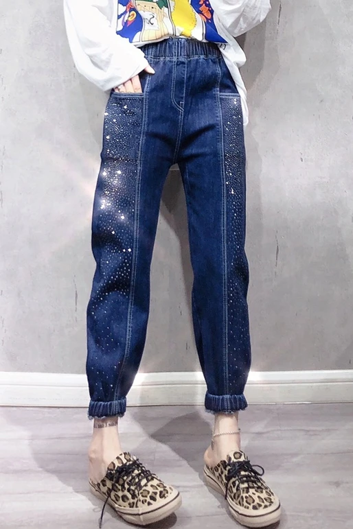 

2021spring New Stitching Rhinestone Elastic Waist Jeans Women's Loose Slimming Ankle-Tied Harem Pants Casual Style