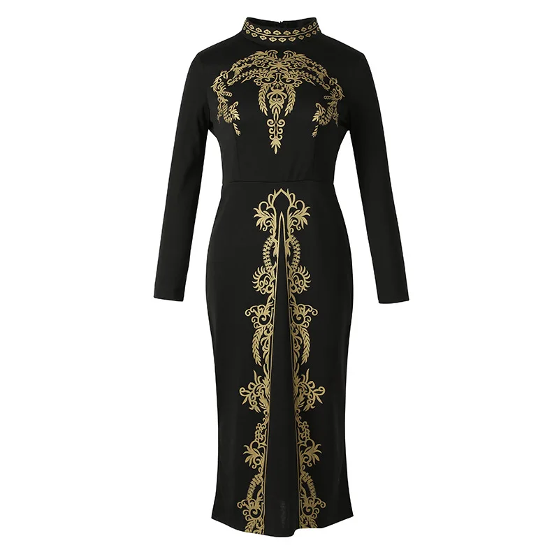

Dress long-sleeved collar dress burst golden printed tight long-sleeved collared dress