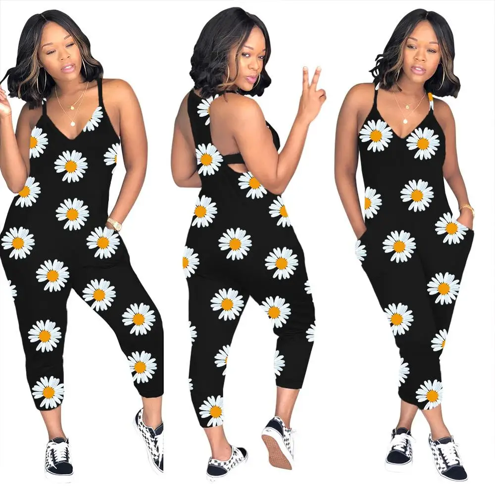 

Little Daisy printed jumpsuit V neck suspenders casual casual jumpsuit new style holiday sports fitness club jumpsuit for ladies