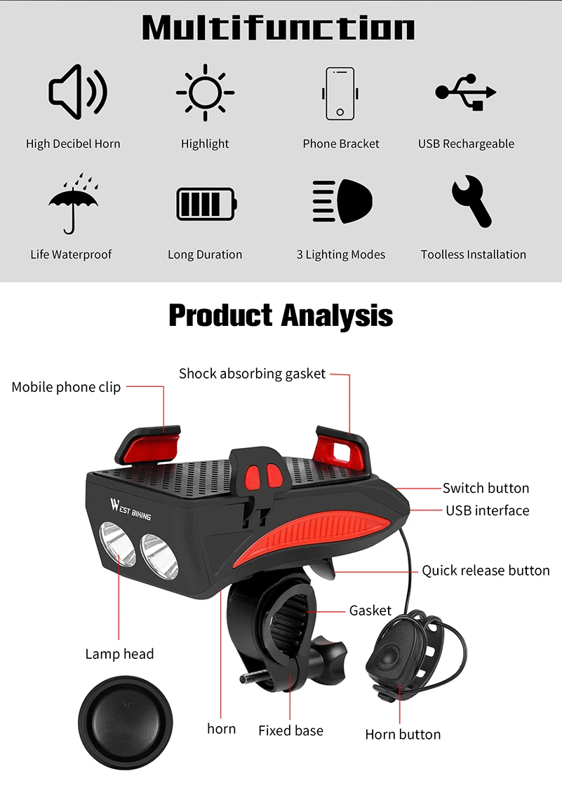 west biking 4 in 1 bicycle light flashlight bike horn alarm bell phone holder power bank bike accessories cycling front lamp mtb free global shipping