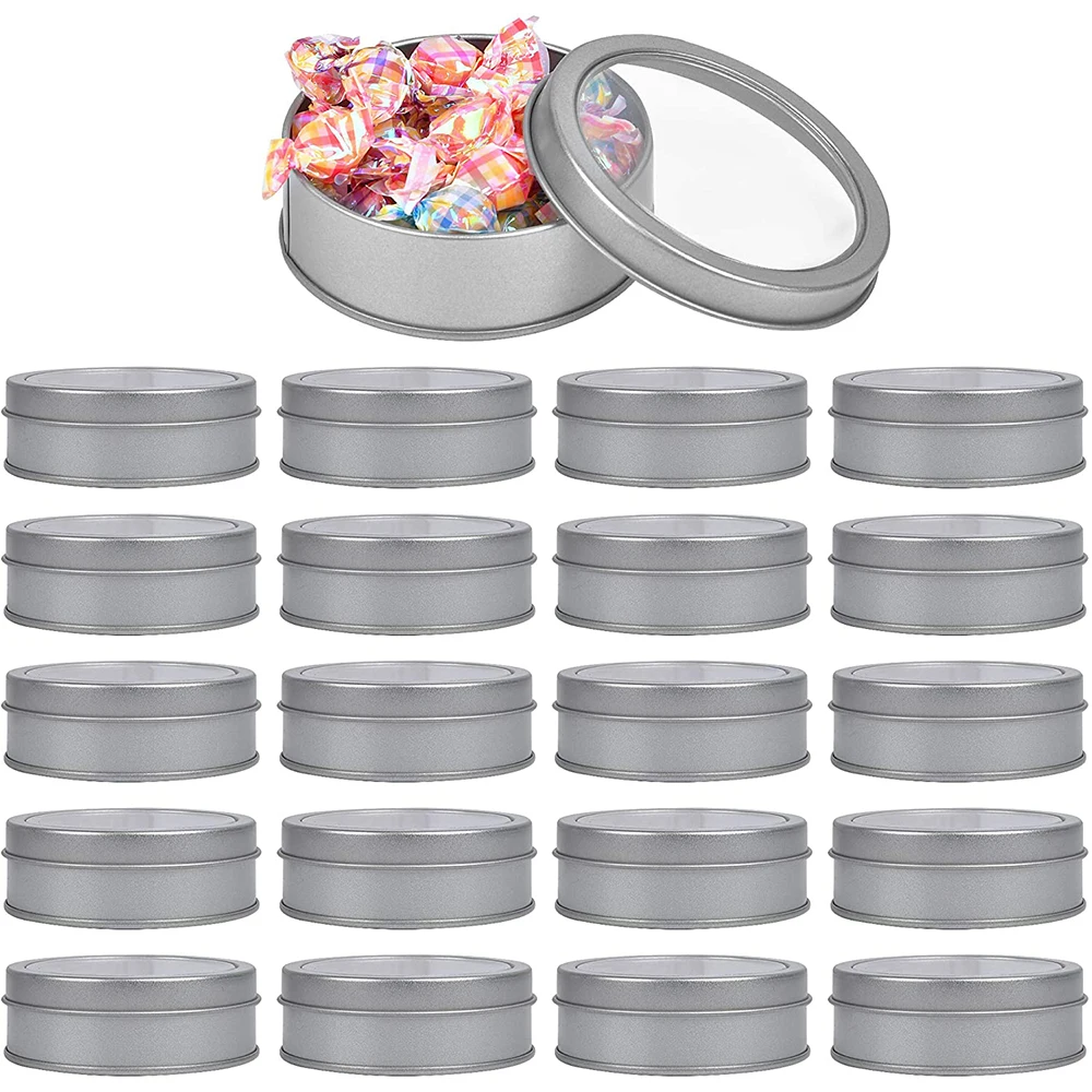 

Metal Tin Cans, Round Empty Container Cans with Clear Top, Storage Cans Gift Case for Kitchen, Office, Candles, Candies