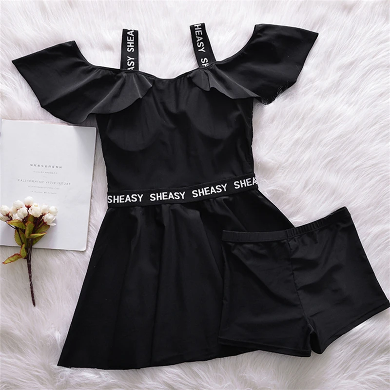 Letter Sexy Black Women One Piece Swimwear Skirt Bathing Suit Summer Swimming Dress Padded Push Up Swimsuit Swim Beach Wear