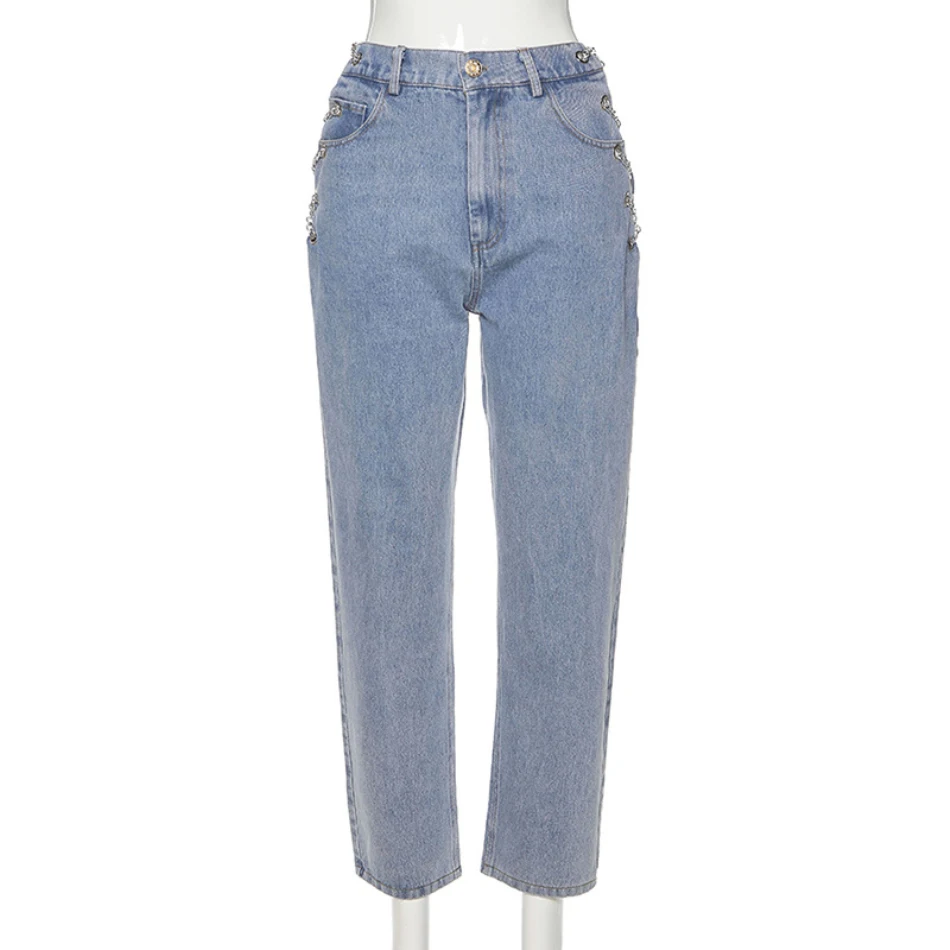 

high waist hollow out Chain design Slim jeans woman 2020 leisure streetwear Commute high quality strgight pants