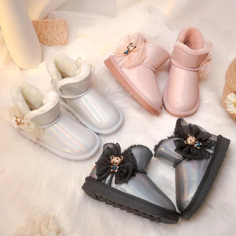 

Children Snow Boots Winter New British Style Girls Martin Princess Keep Warm Plush Cotton Shoes Non-slip Fashion School 3-15y