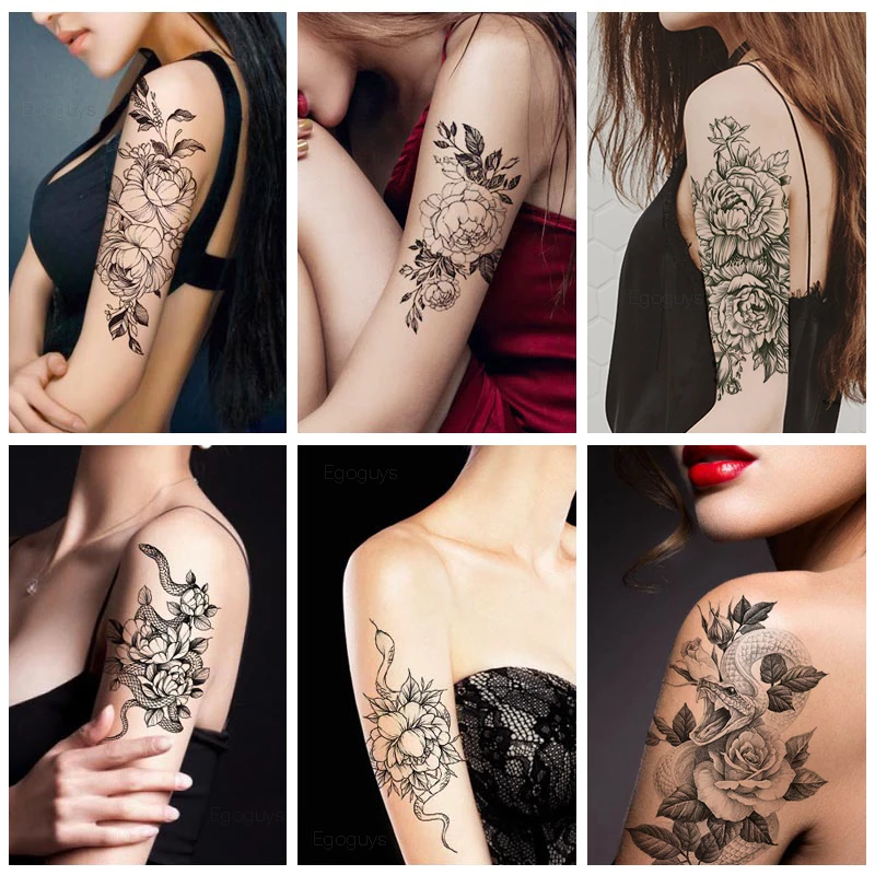 Водостойкая Временная тату наклейка 1 лист змея цветок роза флэш татуировки