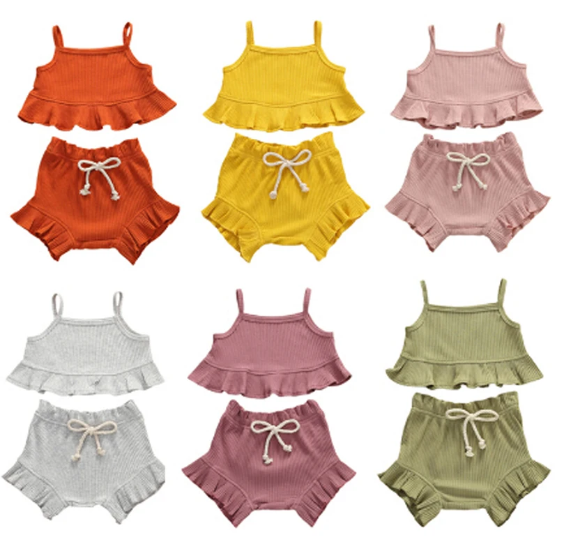 2020 Newest Summer Toddler Swimsuit Little Girls Outfits Set Cotton Casual Sleeveless Ruffle Vest Tops+Shorts+Headband 3pcs | Спорт и