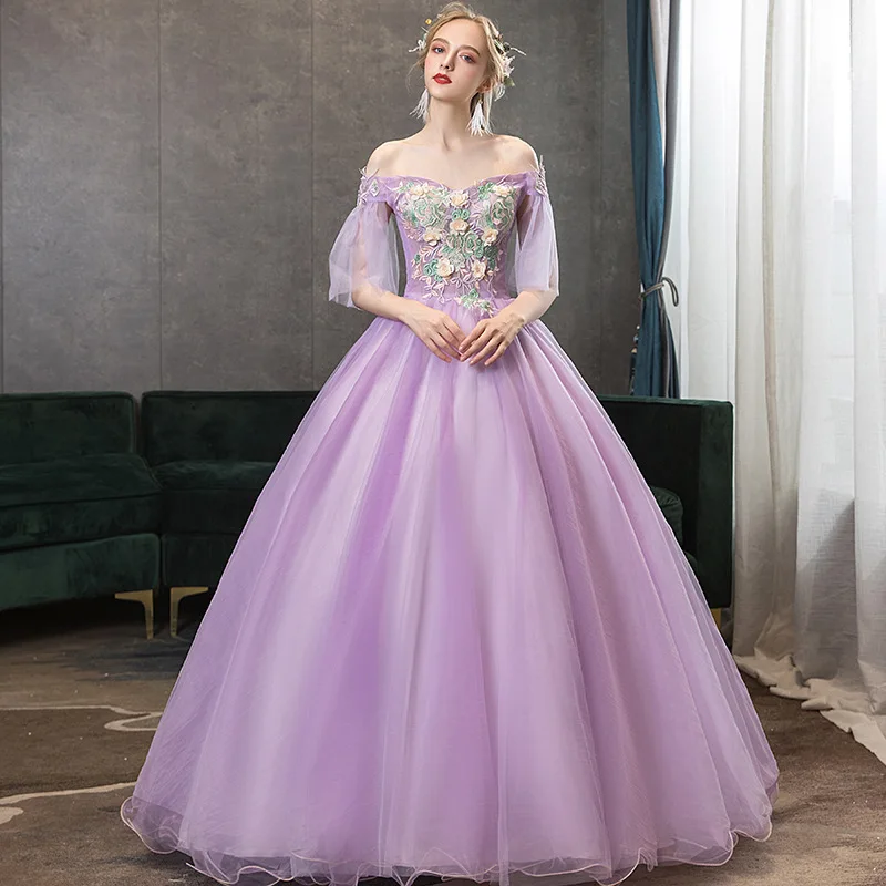 

Boho Purple Quinceanera Dresses Hand Flowers Ball Gown Dress Tulle Wedding Party Dress Vestido De Festa De 15 Anos Robe De Bal