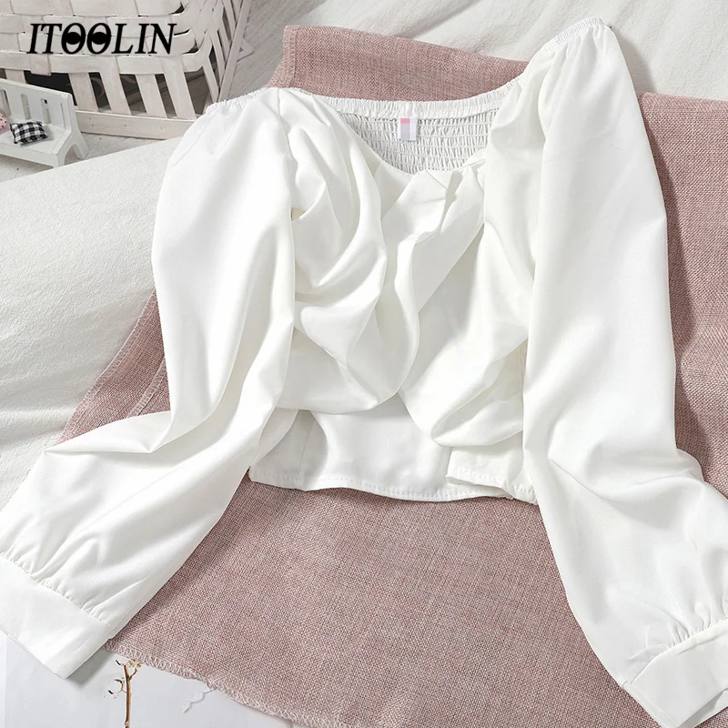 

ITOOLIN Весна 2021 женская элегантная блузка белая тонкая рубашка с длинным рукавом сексуальный плиссированный топ с открытыми плечами укорочен...