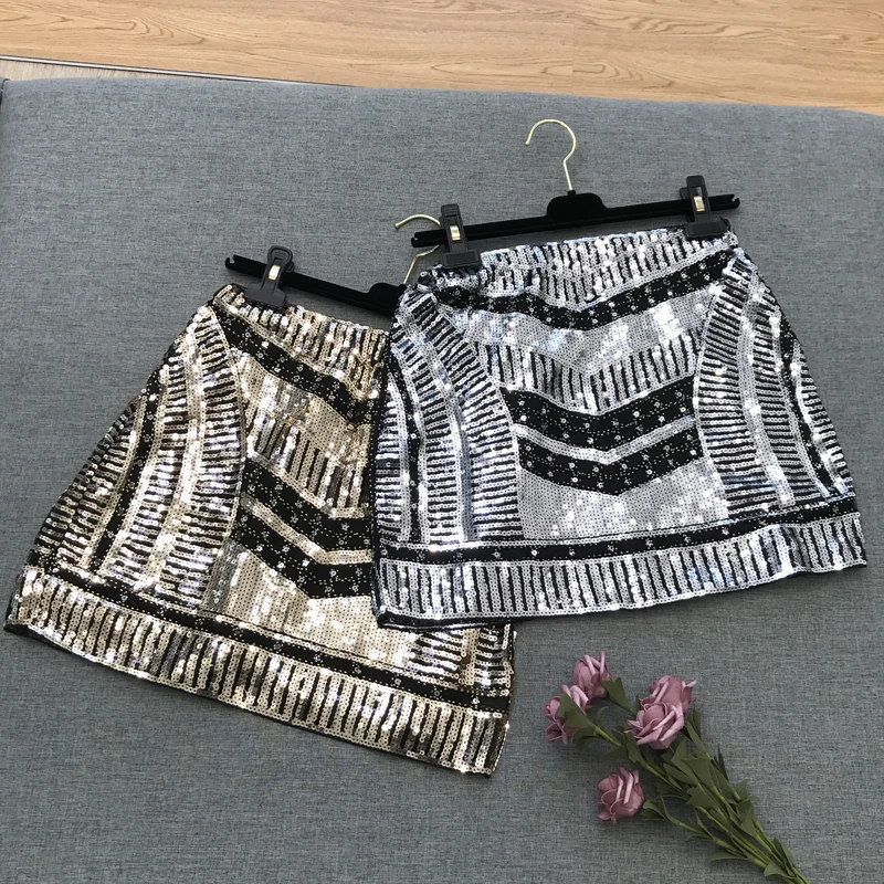 

CHIC Europe Design Embroidery Geometric Women Sequins Mini Skirt Vintage Hiphop Bling Style