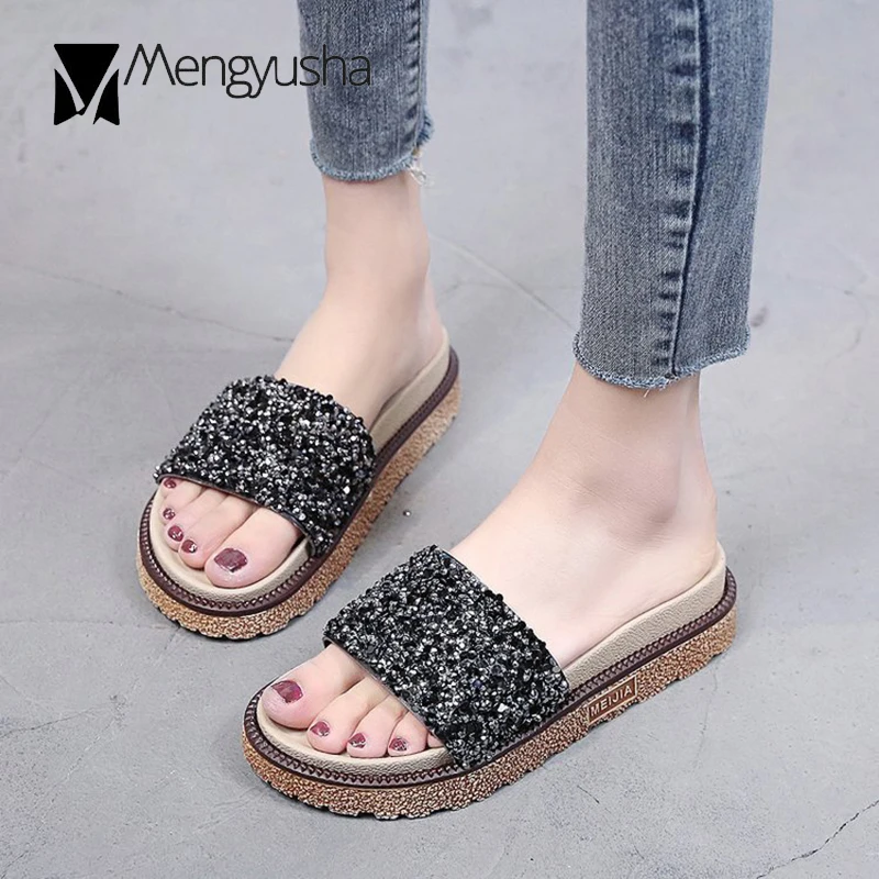 Сандалии женские с открытым носком босоножки на мягкой подошве блестками и