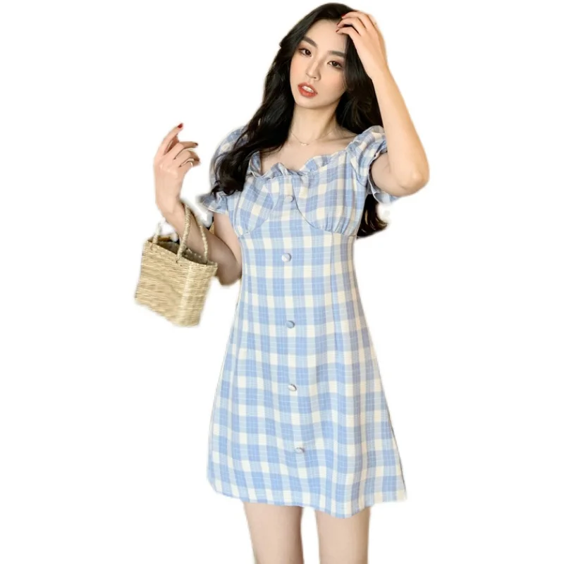 

Make firm offers han edition dress French show thin hubble-bubble sleeve plaid skirt of tall waist A word temperament dress