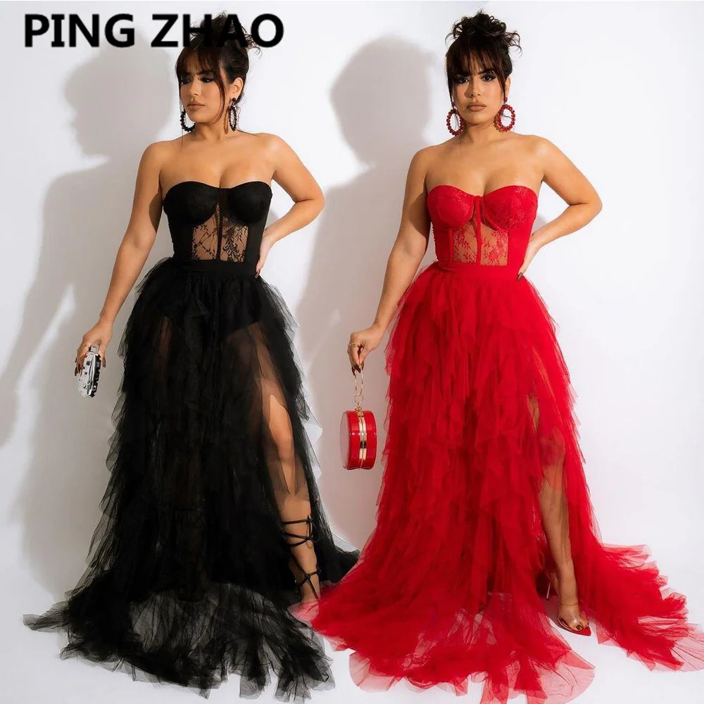 

PING ZHAO Lace Mesh Party Dress Women Sexy Strapless Empire Waist High Split Cascading Ruffles Long Evening Wedding Gown