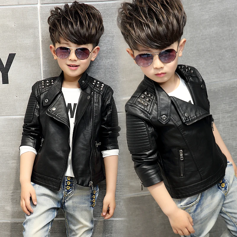 boys coat children's pu jacket fashion kid outwear solid color long sleeve Casual motorcycle jacket  spring autumn rivet cool
