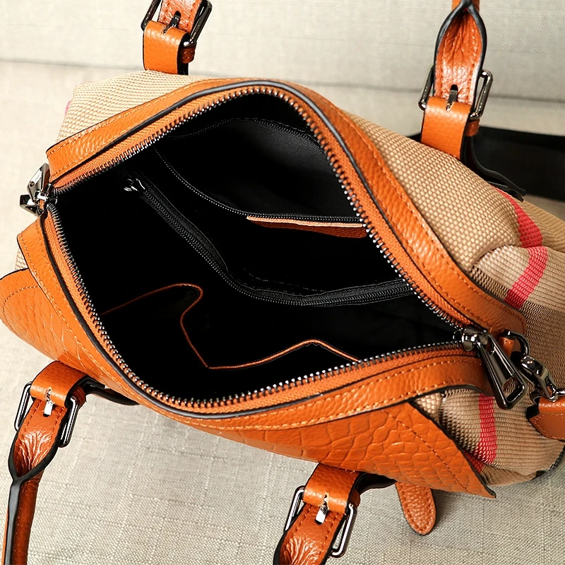

Mother's head leather + canvas bag 2020 new fashion leather one shoulder portable women's bag lattice messenger bag