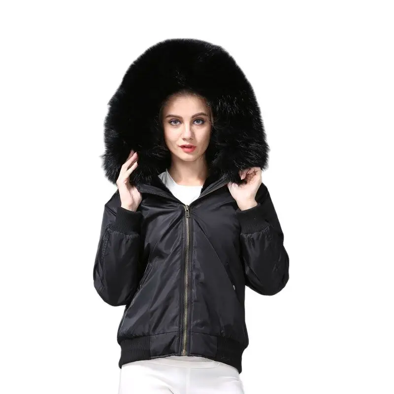 Black Bomber Jacket With Faux Fur Lined Raccoon Hoodies Mrs Flight Short | Женская одежда