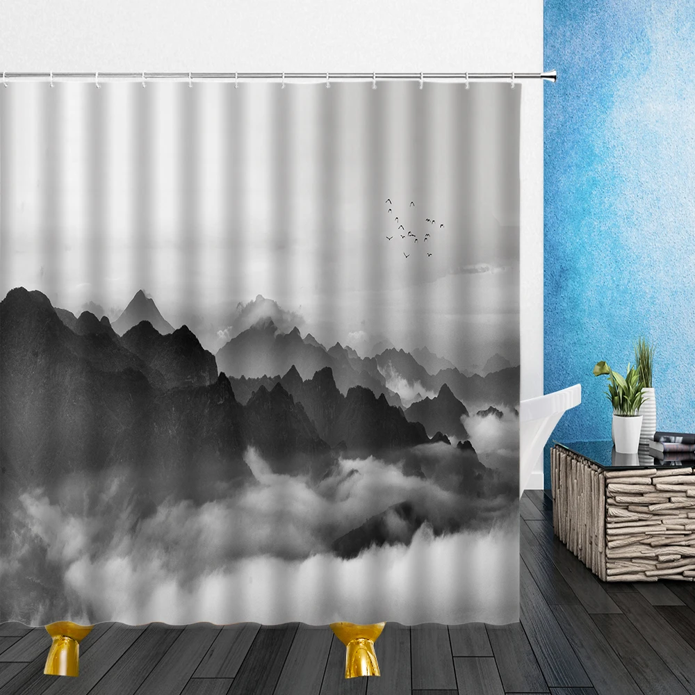 

Natural Landscape Shower Curtains Winter Mountain Water Fog Tree 3D Print Bathroom Home Decor Waterproof Polyester Cloth Curtain
