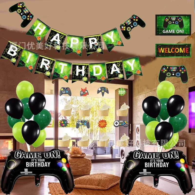 

1set Game on Balloons Black Gamepad Boy Game on Banner Birthday Party Decorations Kids Black Match Props Gaming Cake Topper