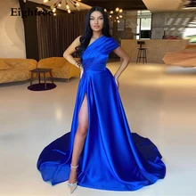 Robe de soirée de forme trapèze bleu Royal, longue, asymétrique, épaule dénudée, fente latérale, robe de fête arabe  (3)