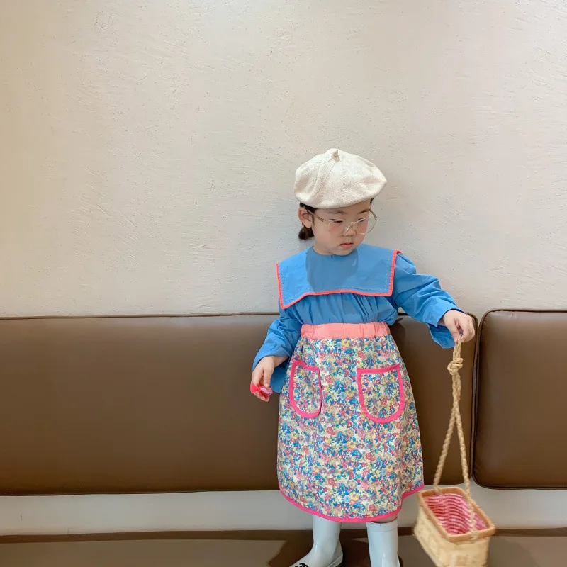 

Autumn New Korean style with lovely Contrast Color Doll Collar shirt and flowers printed half skirt for cute sweet baby girls