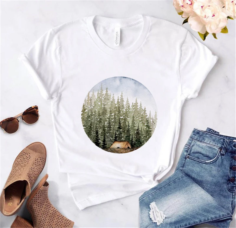 

Women Crew Neck Short Sleeve Casual Summer 2021 T-shirts Happy Camper Graphic Tee Shirts Tops Female Clothes Streetwear