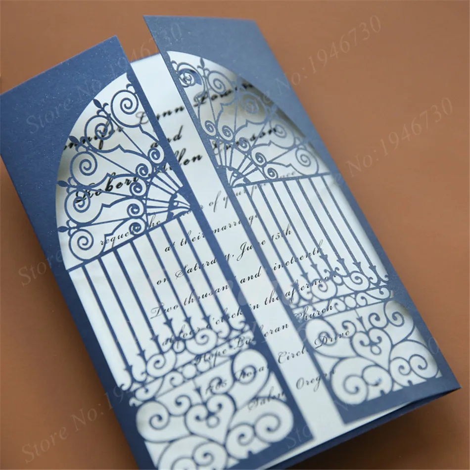 Blue Elegent Gate Design Hollow Heart Laser Cut Wedding Invitation Card Greeting Personalized Party Decoration Supplies | Дом и сад