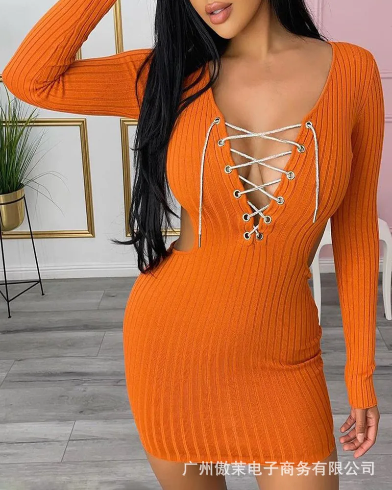 

Spot 202 Women's New Orange Bandage Hollow Slim Dress