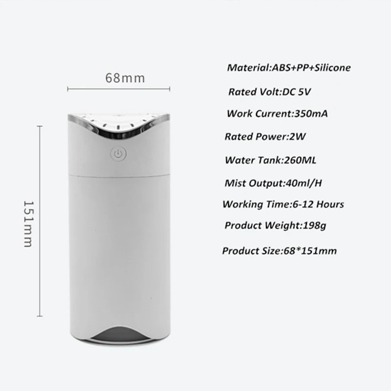 

Portable Mini Humidifier 260ml Heavy Mist Silent Ultrasonic USB Aroma Essential Oil Diffuser For Office Car With Rianbow Light