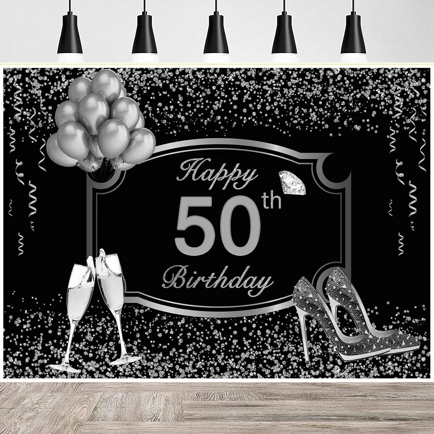 

50th Birthday Photography Backdrop Silver Glitter Shiny High Heels Champagne Background Fifty Years Old Age Party Decoration