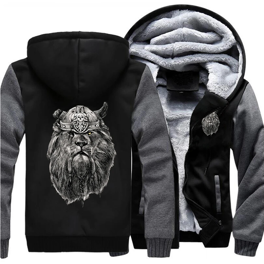 

Ferocious Lion Art Loose Hoodies Winter Warm Street Jackets Coat Men Thick Hoodie Printed Fitted Outdoor Casual Black Sweatshirt