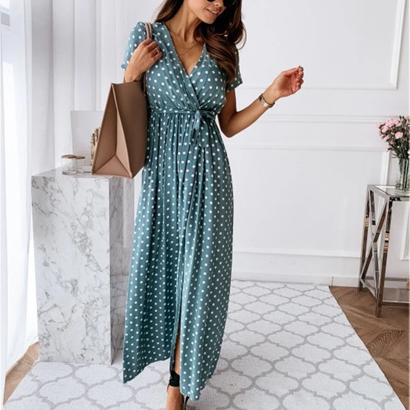 

2021 New Women's Clothing Leisure Beach Holiday Sexy Dress New Printing Dot Bohemian Fashion Dress V-Neck Printing Summer Dress