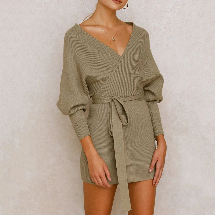 

Gray Green Wrap Knitted Dress Women Sexy Deep V Neck Backless Bandage Long Bathing Sleeve Dresses Eleagnt Autumn Winter Vestidos