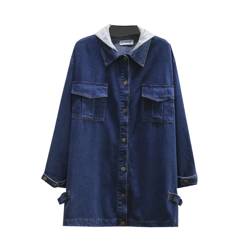 Женская одежда большого размера Свободное длинное джинсовое пальто с капюшоном