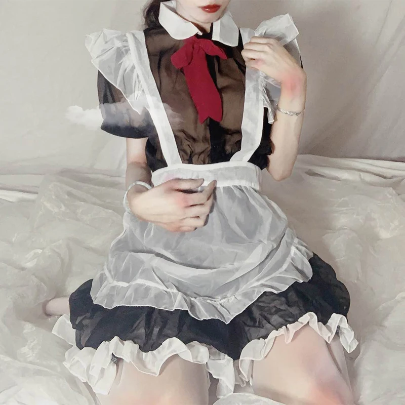 2020 Lilicochan Kawaii сексуальная горничная прозрачный косплей костюмы Кружева с милым