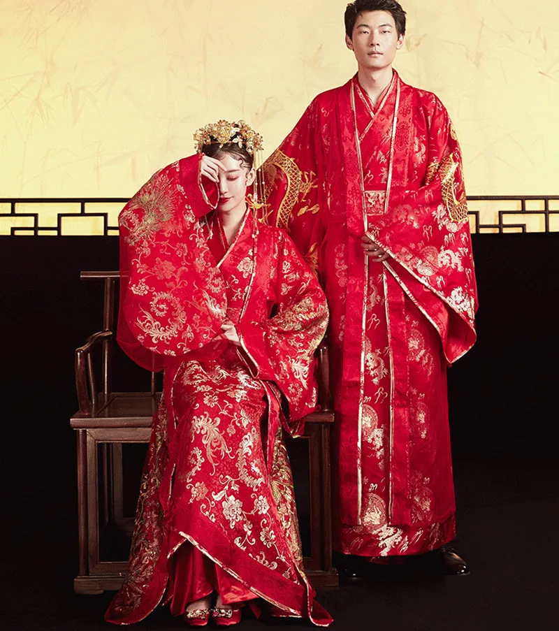 

Embroidery Dragon Phoenix One Size Hanfu Chinese Traditional Couple Wedding Suit Elegant Bride Qipao Dress китайская одежда