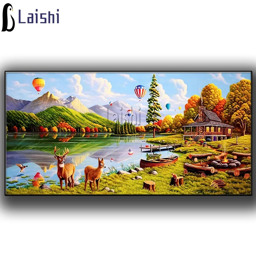 

Mosaic Cartoons Full Round Drill Resin Rhinestone Painting Kit Color River Cottage hot air balloon Diamond Drawing for Room Deco