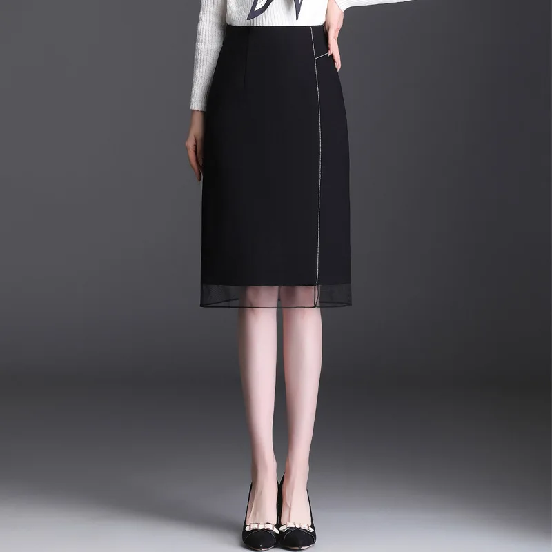 

Black Mesh Splice High Waisted Bodycon Skirt for Women 2021 Autumn Office Lady Elegant Chic Slim Knee-length Pencil Skirts 9207