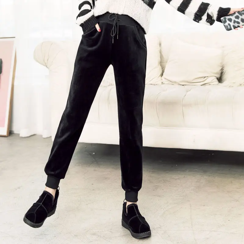

Autumn Winter Pants Women Gold Velvet Lambs Wool Harem Pants Warm Sweatpants Drawstring Waist Thicken Long Trousers Women C5834