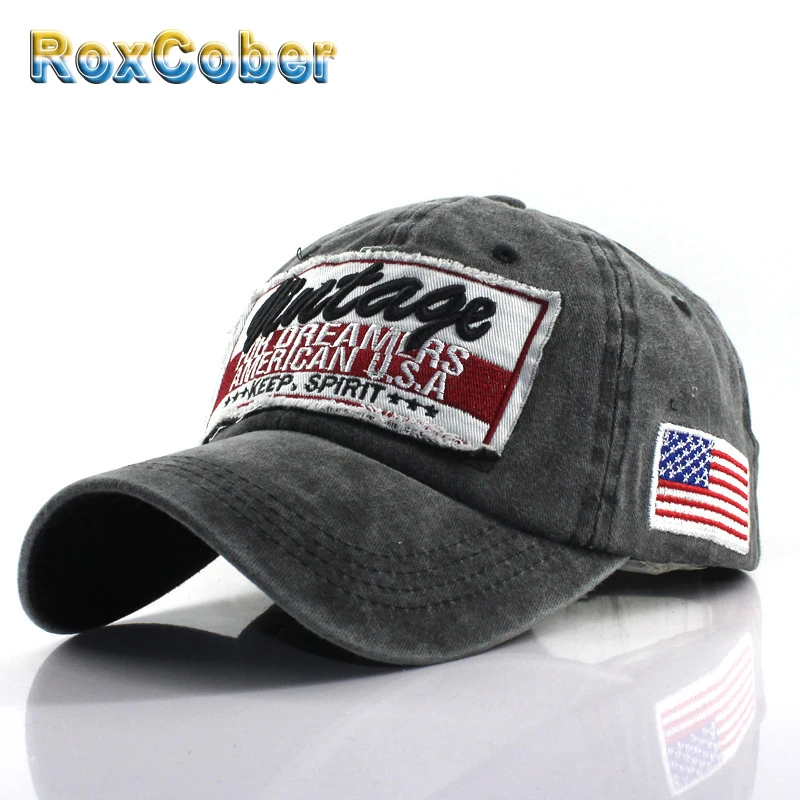

[RoxCober] Wholesale Washed Cotton Baseball Cap Letter Embroidery Snapback Hat USA flag Fitted Cap Hats For Men Women Golf Hat