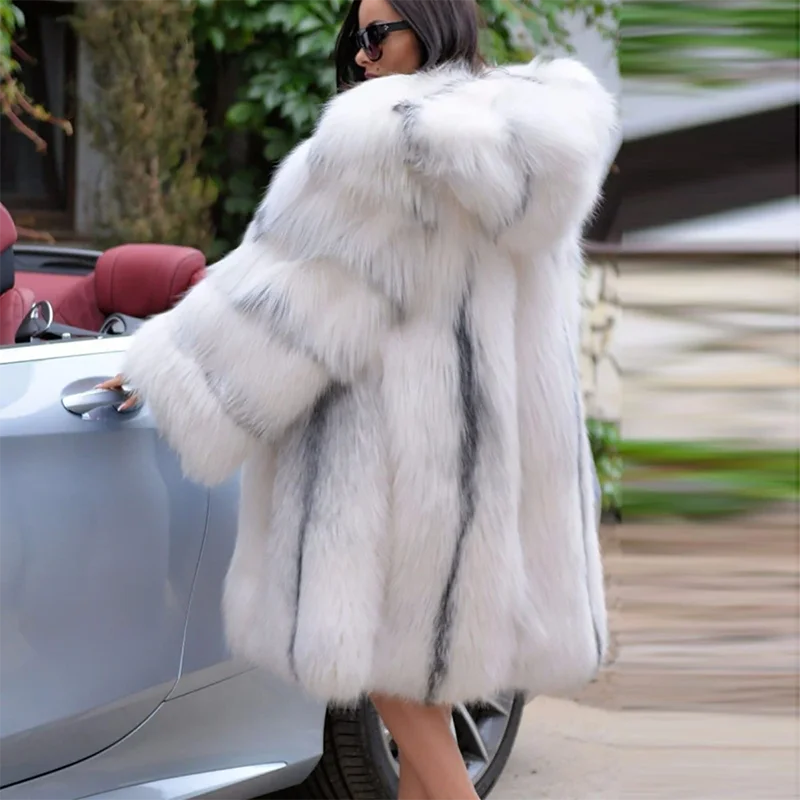 FURSARCAR 2021 New Real Natrual Cross Fox Fur Jacket With Hood Women Winter  Long Fur Coat Thick Fashion Luxurious