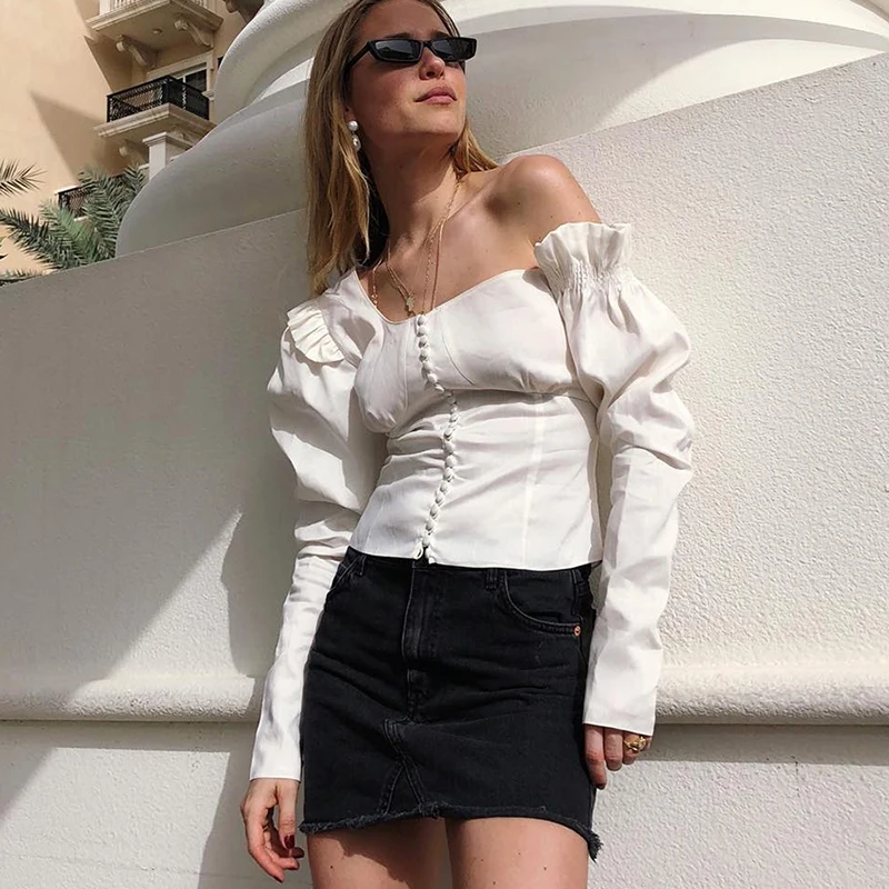 HStar белая блузка на одно плечо топы для женщин сексуальные рубашки с буфами